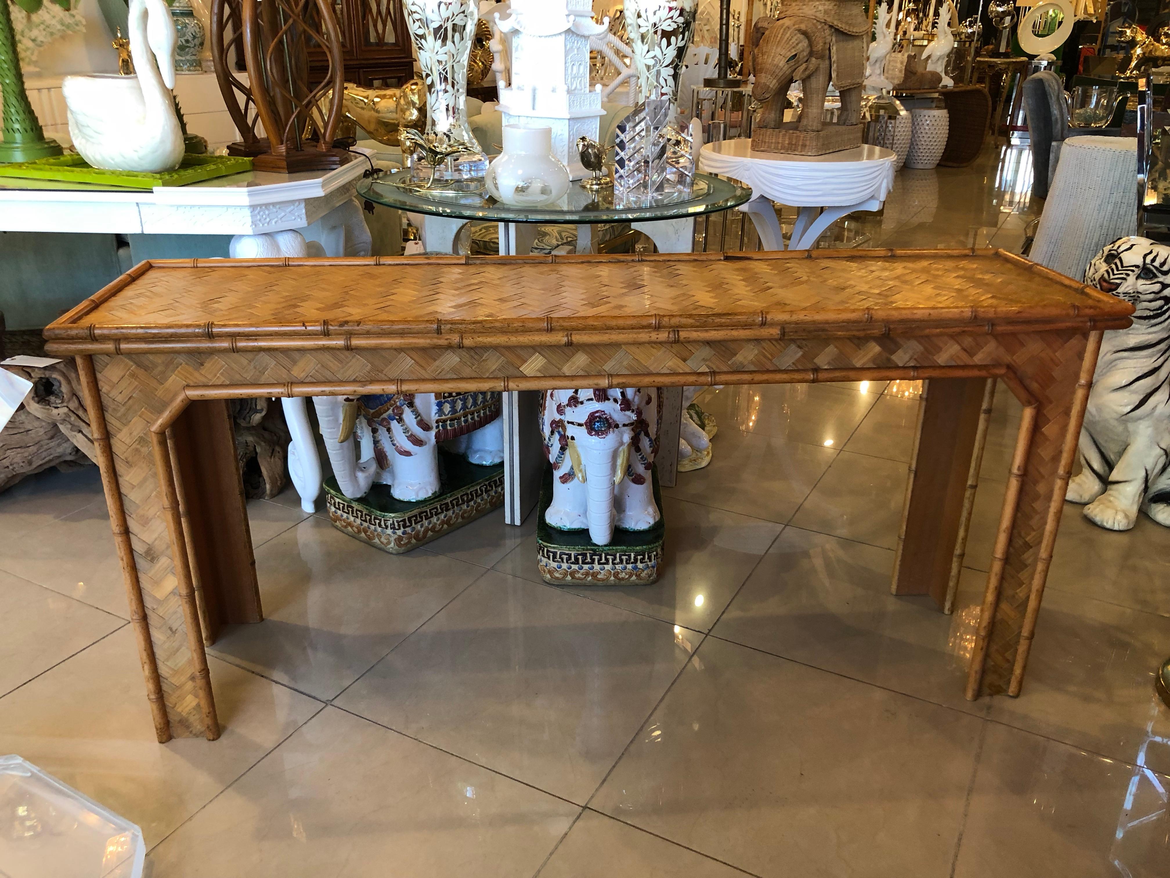 Late 20th Century Vintage Tropical Woven Rattan and Bamboo Console Table Moroccan Flair
