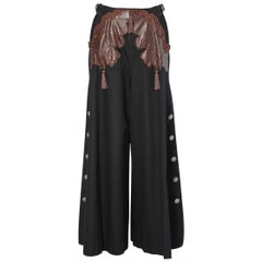 Christian Dior - Pantalon vintage en laine noire et cuir marron