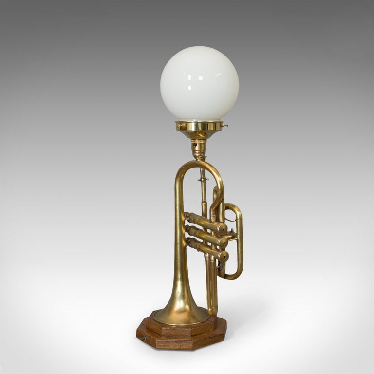 Vintage Trumpet Lamp, English, Oak, Brass, Musical Instrument, Light