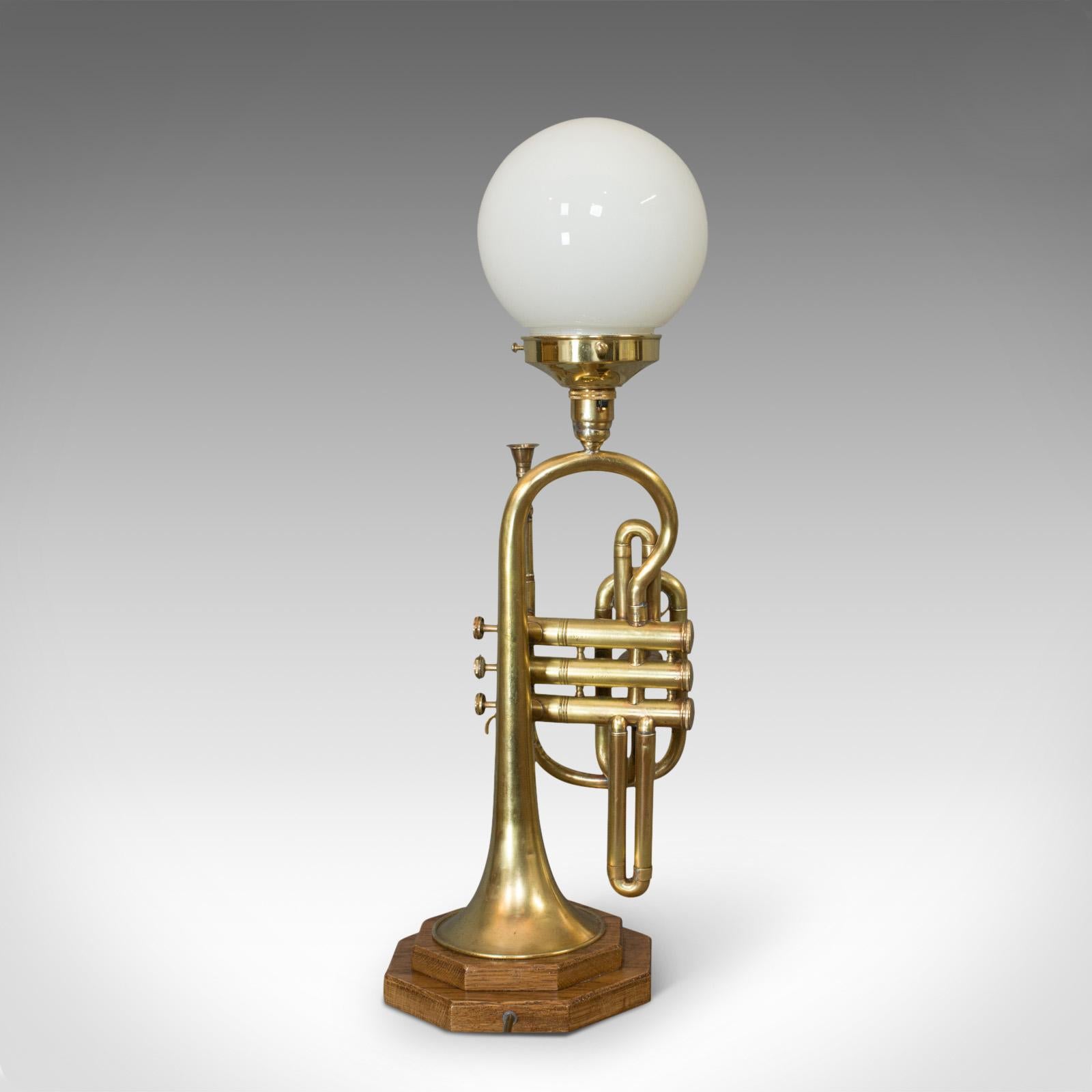 Industrial Vintage Trumpet Lamp, English, Oak, Brass, Musical Instrument, Light, Pendant