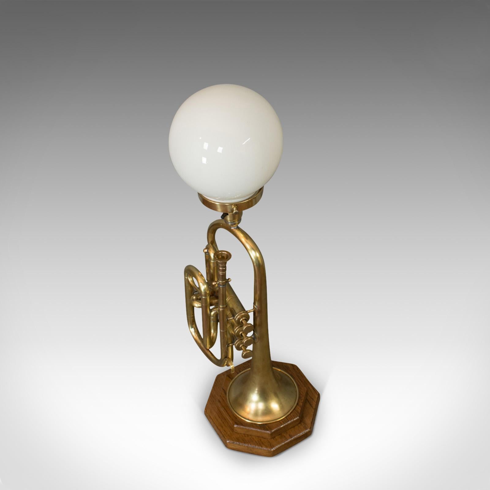 Vintage Trumpet Lamp, English, Oak, Brass, Musical Instrument, Light, Pendant In Good Condition In Hele, Devon, GB