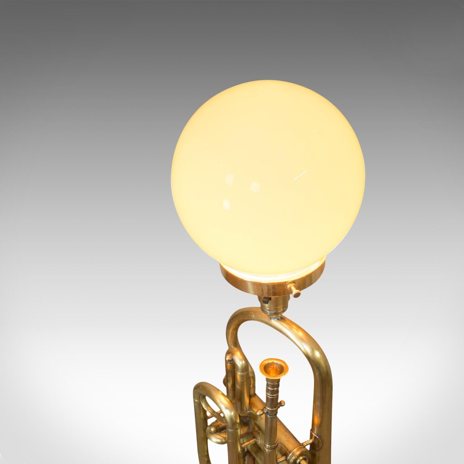 20th Century Vintage Trumpet Lamp, English, Oak, Brass, Musical Instrument, Light, Pendant