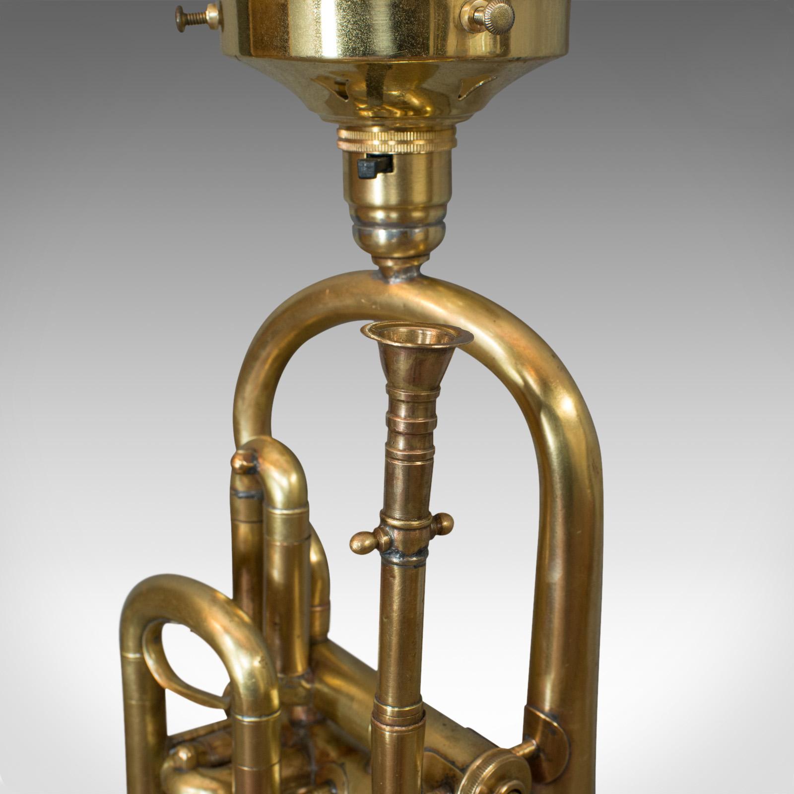 Vintage Trumpet Lamp, English, Oak, Brass, Musical Instrument, Light, Pendant 1