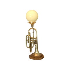 Vintage Trumpet Lamp, English, Oak, Brass, Musical Instrument, Light, Pendant