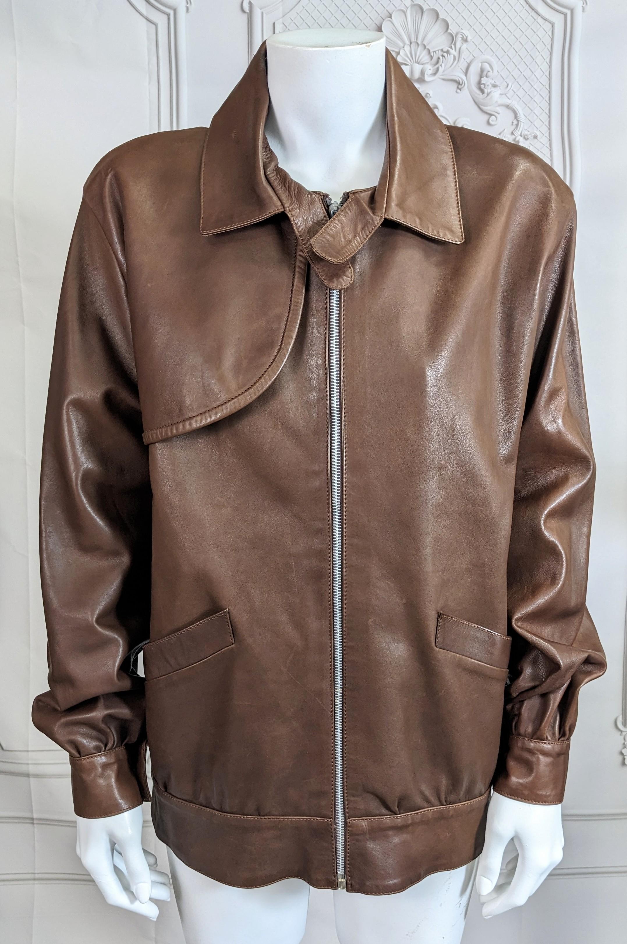 Brown Vintage Trussardi Soft Calf Leather Bomber For Sale