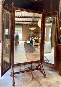 Vintage Tryptic (3 panel) Bamboo Gentlemen’s Dressing Mirror- Chinoiserie Style