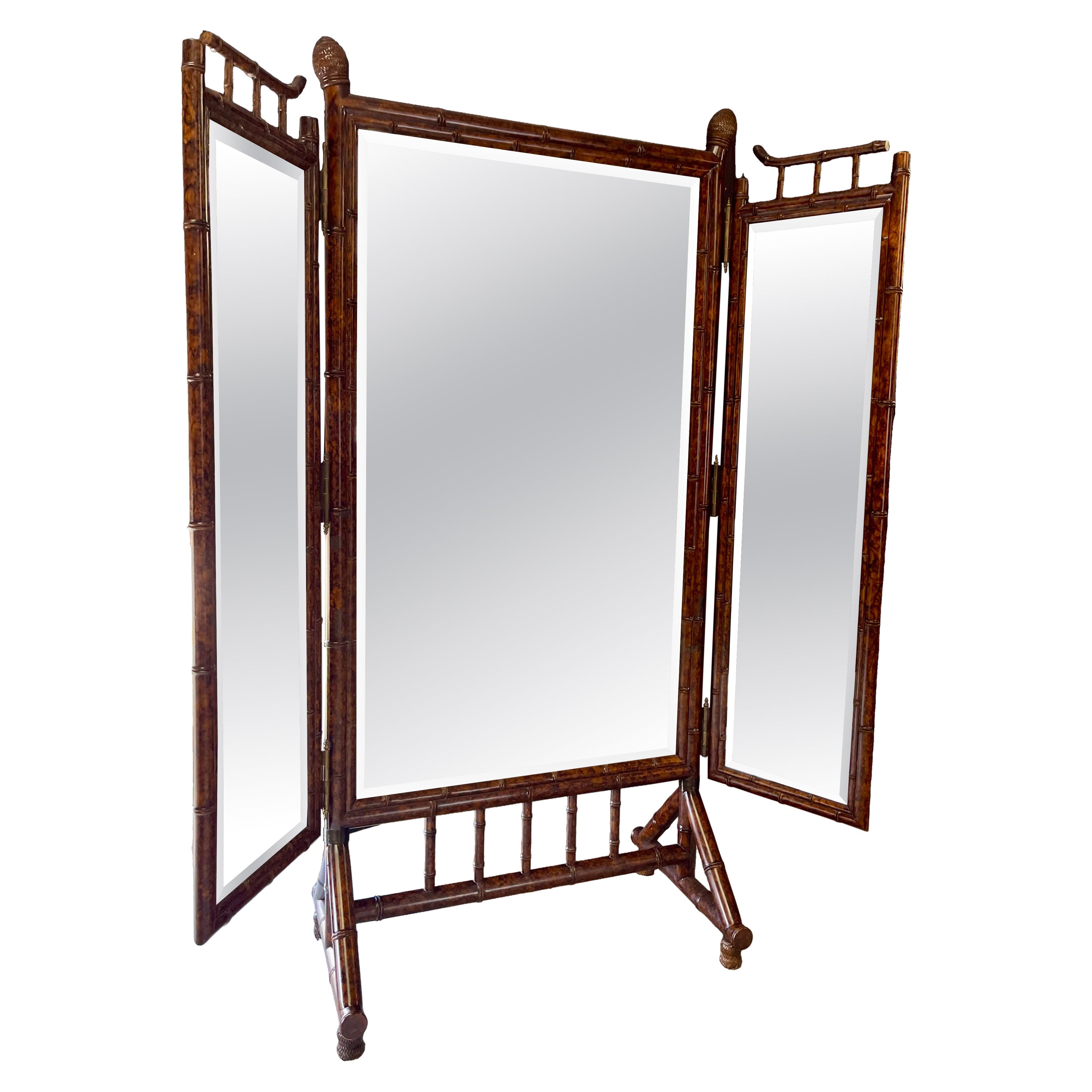 Vintage Tryptique (3 panneaux) Miroir de toilette en bambou pour homme - Style Chinoiserie en vente