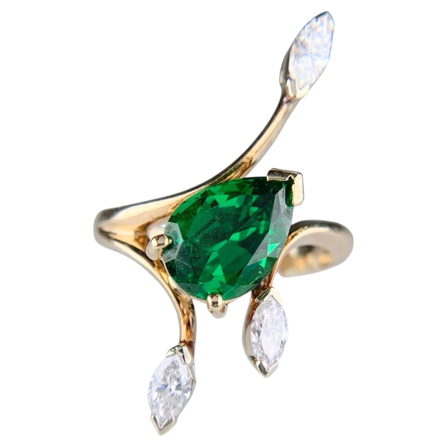 Vintage Tsavorite and Marquise Diamond Ring 14k Yellow Gold