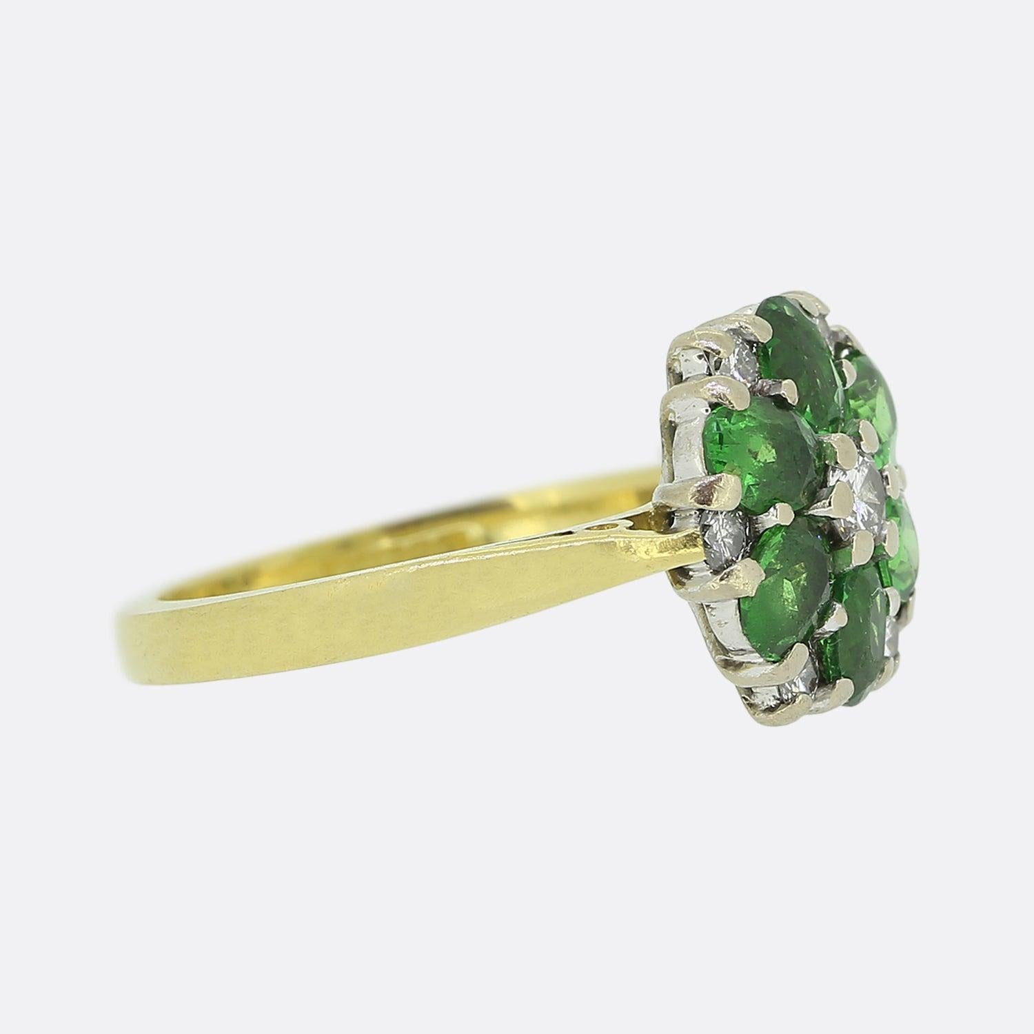 Oval Cut Vintage Tsavorite Garnet and Diamond Cluster Ring For Sale