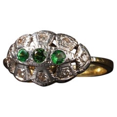 Vintage Tsavorite Green Garnet Diamond Cluster Ring 18k Yellow & White Gold