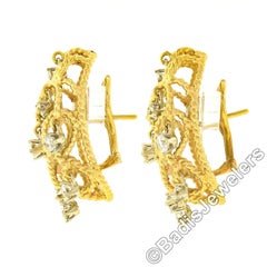 Vintage TT Gold Round Diamond Dangle Twisted Wire Large Open Dome Earrings