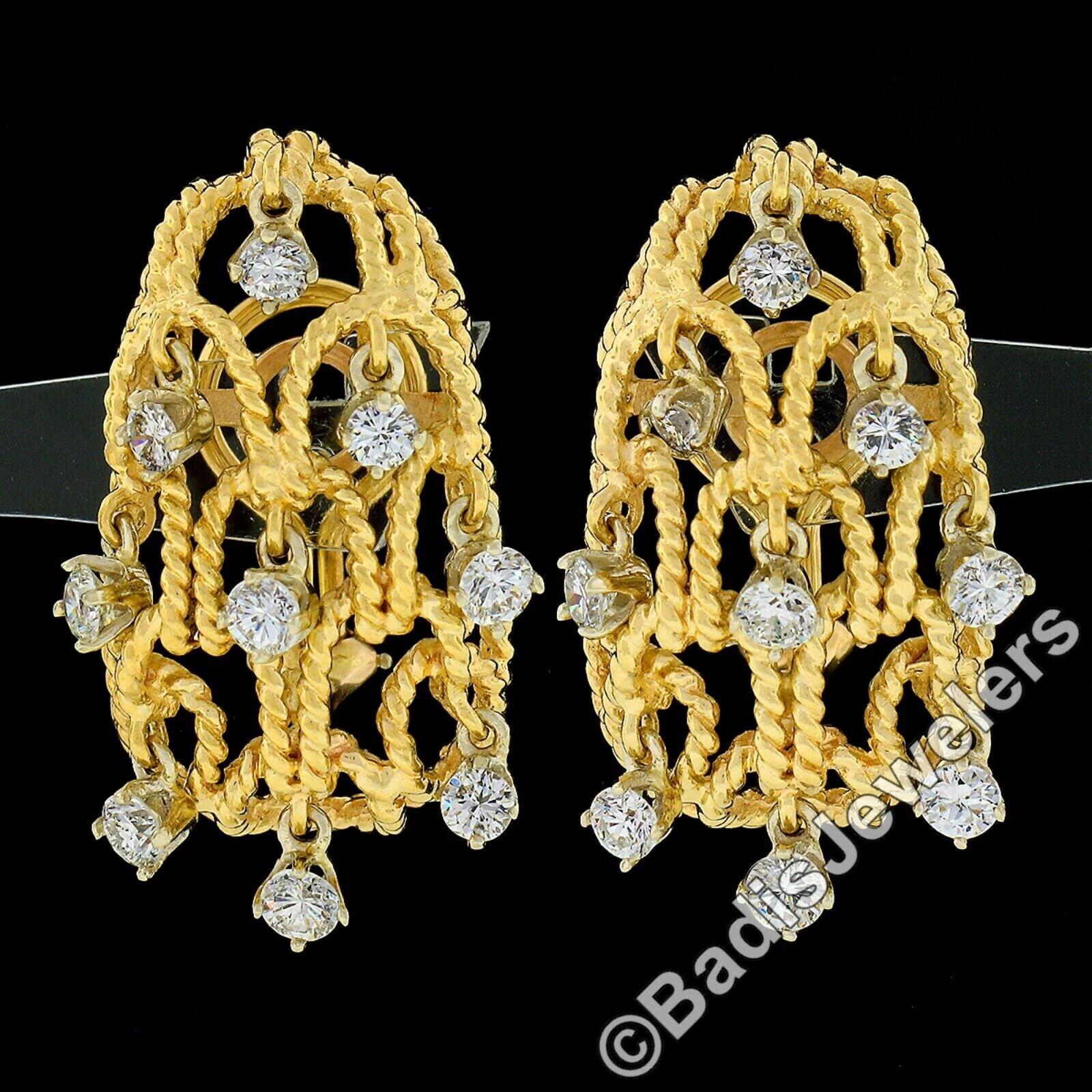 Vintage TT Gold Runde Diamanten baumeln verdrehte Draht große offene Kuppel Ohrringe Damen im Angebot