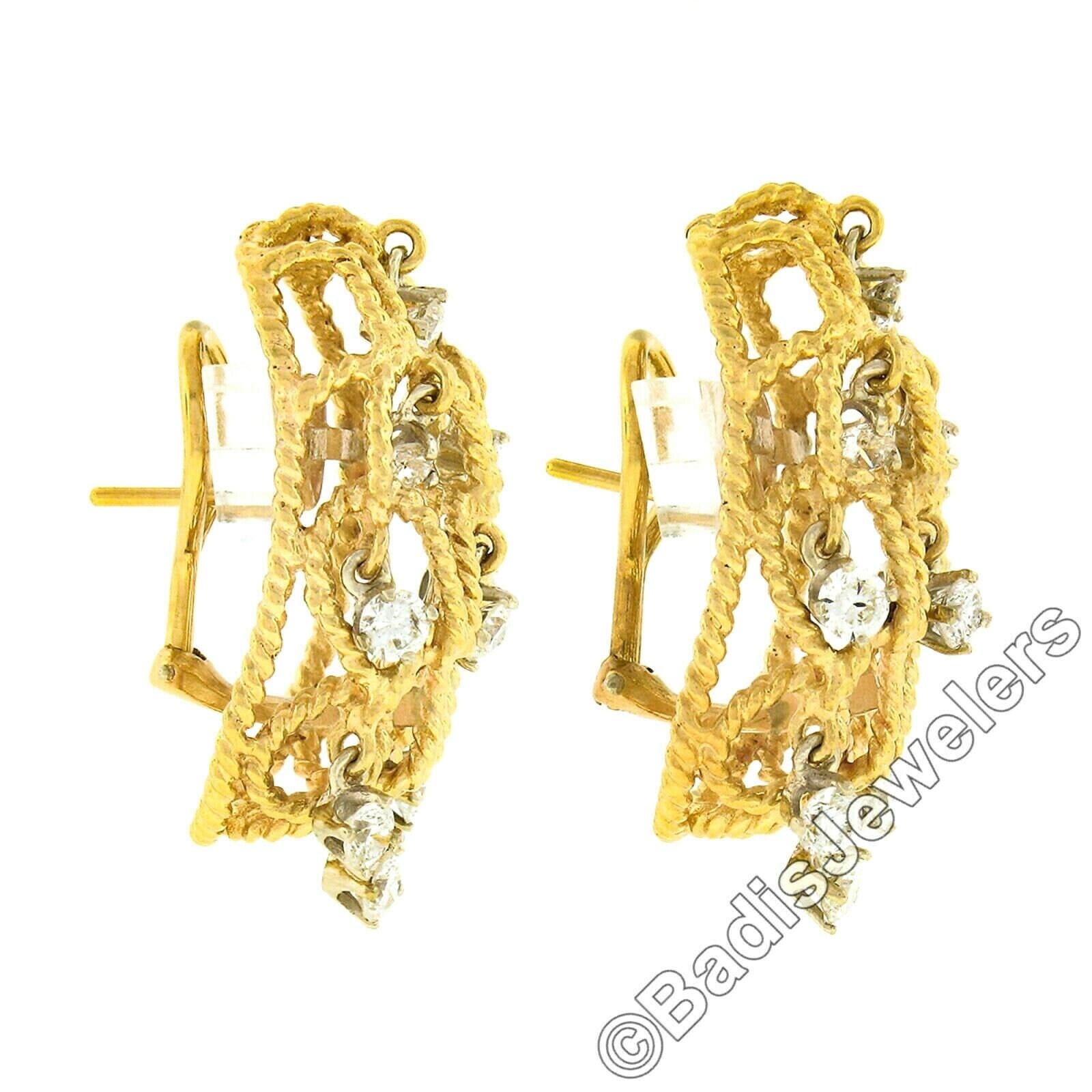 Vintage TT Gold Runde Diamanten baumeln verdrehte Draht große offene Kuppel Ohrringe im Angebot 1