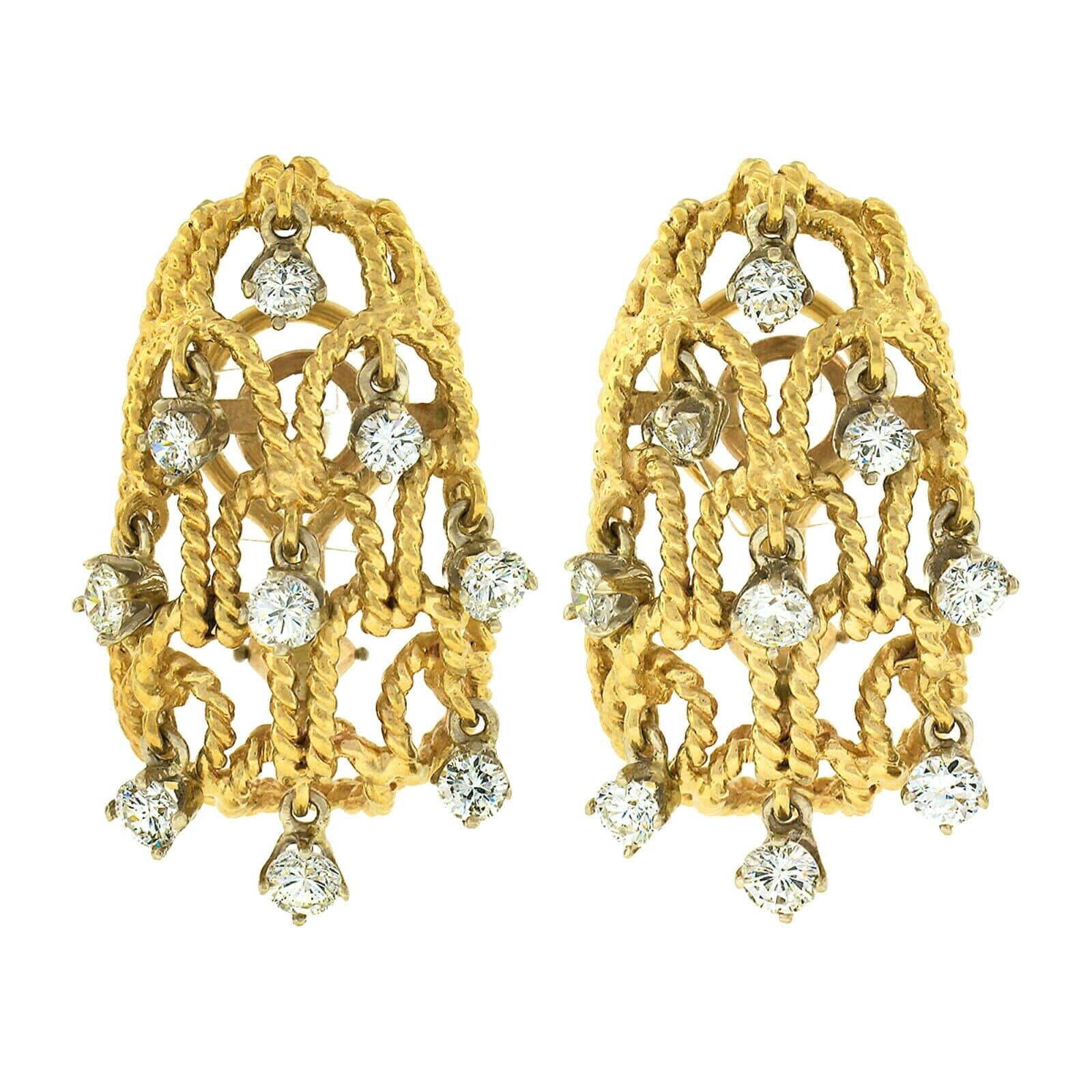 Vintage TT Gold Runde Diamanten baumeln verdrehte Draht große offene Kuppel Ohrringe im Angebot 2