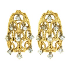 Vintage TT Gold Round Diamond Dangle Twisted Wire Large Open Dome Earrings