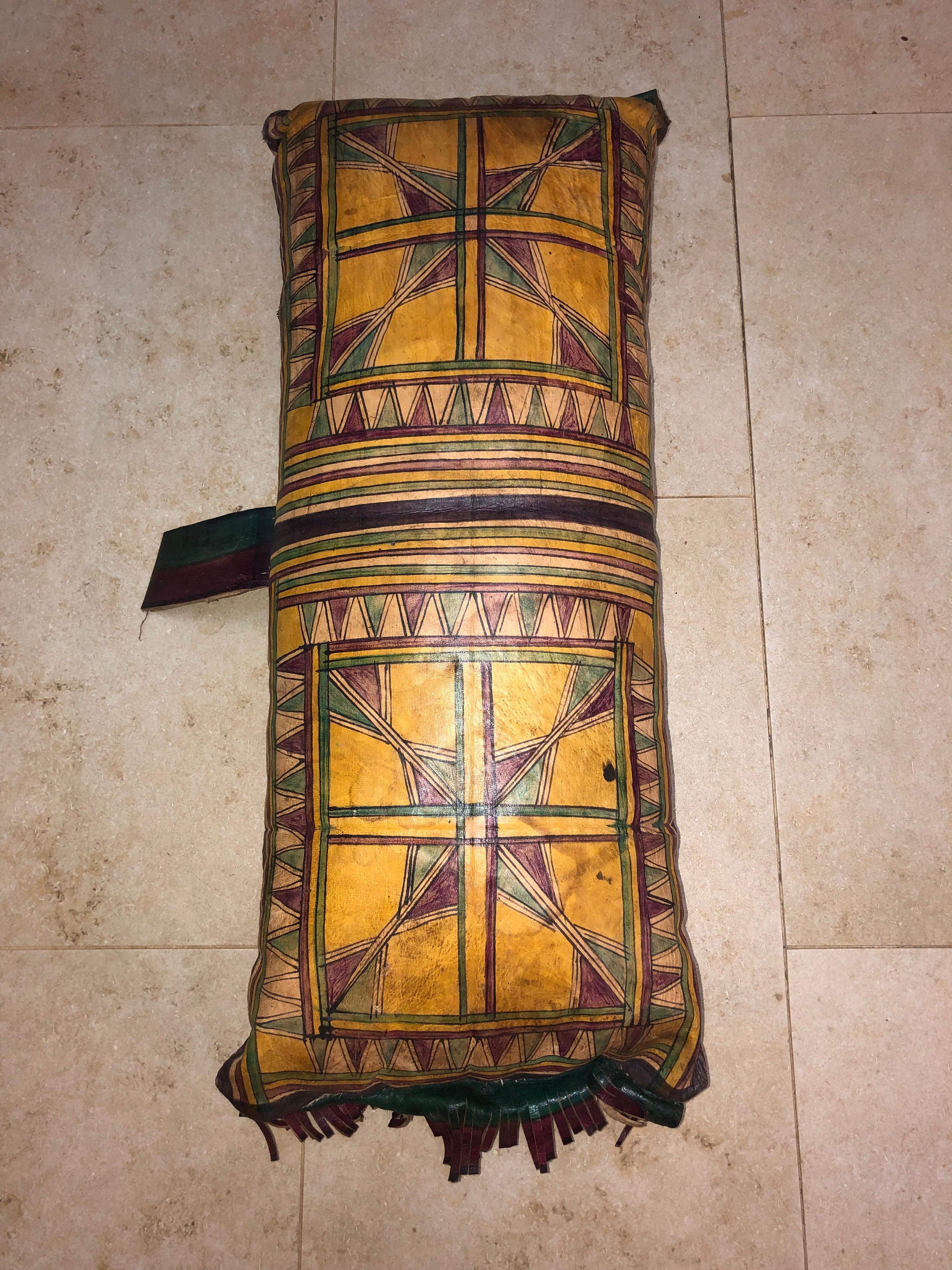 Tribal Vintage Tuareg Naturally Dyed Leather Camel Saddle Pillow, Morocco, Africa For Sale