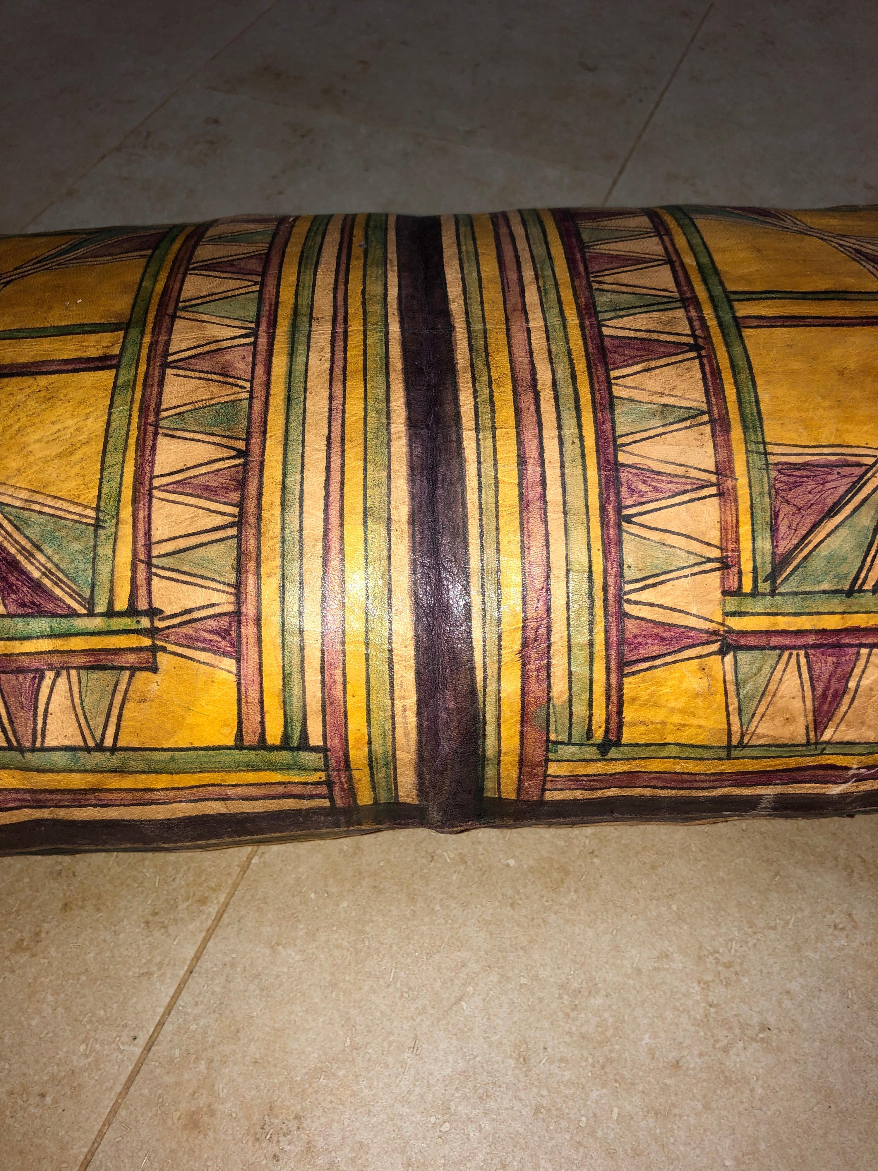 Hand-Painted Vintage Tuareg Naturally Dyed Leather Camel Saddle Pillow, Morocco, Africa For Sale