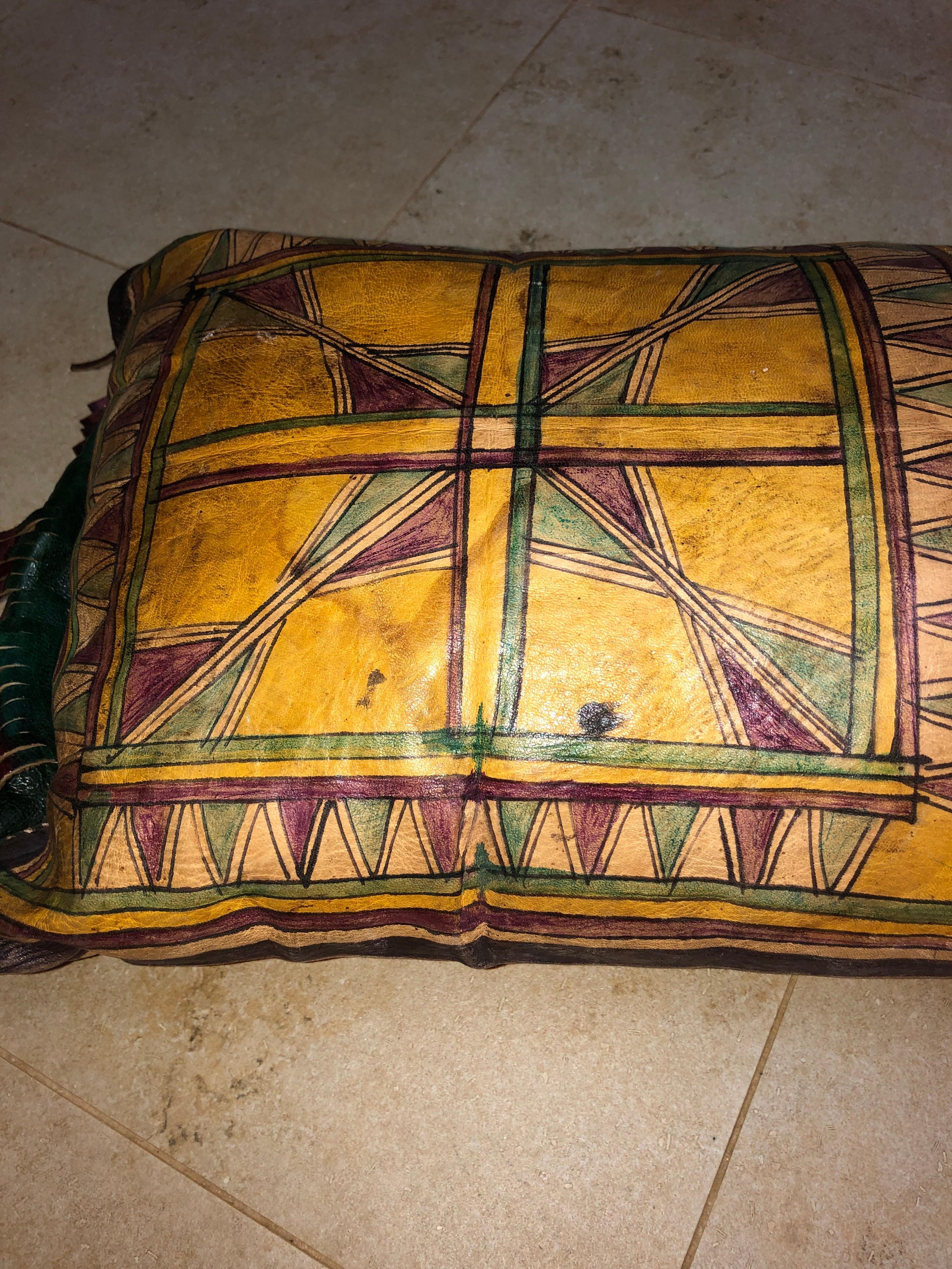 Vintage Tuareg Naturally Dyed Leather Camel Saddle Pillow, Morocco, Africa In Good Condition For Sale In Vineyard Haven, MA
