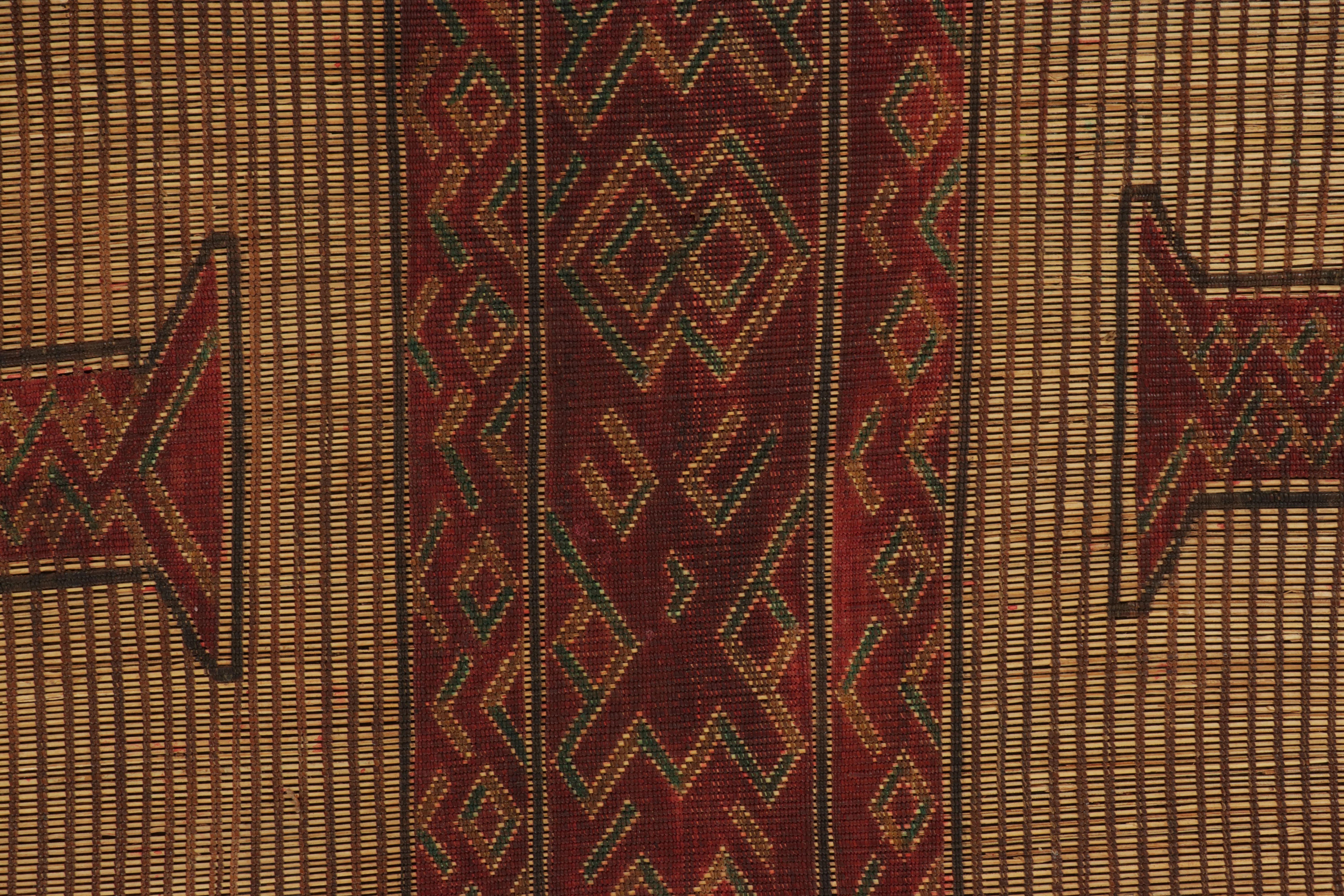 Mauritanian Vintage Tuareg Mat, Beige-Red Tribal Geometric Patterns - Rug & Kilim For Sale
