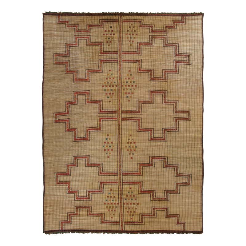 Vintage Tuareg Mat, Tribal Geometric Patterns in Rich Beige-Brown - Rug ...