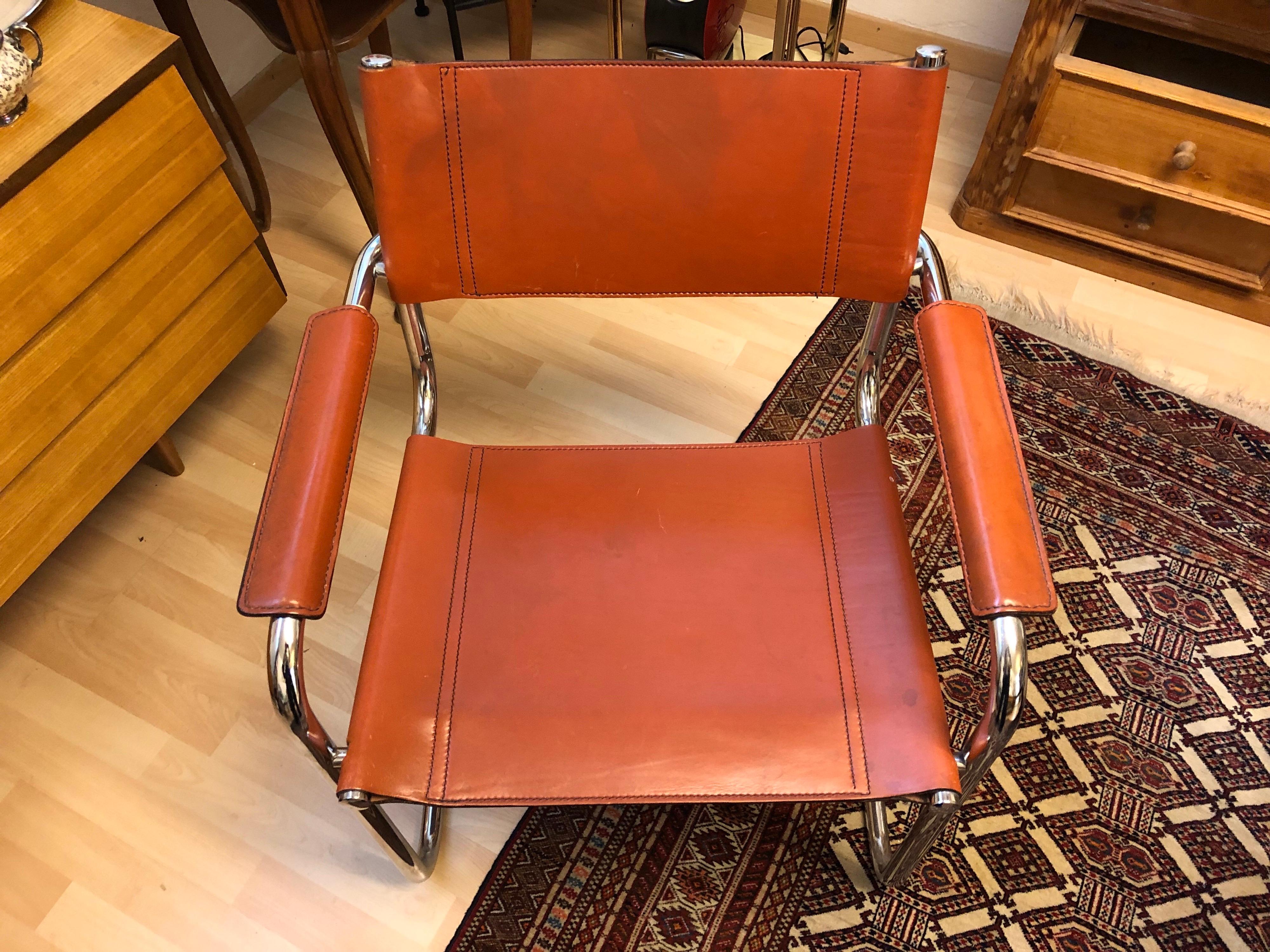 German Vintage Tubular Bauhaus Design Cognac Original Leather Seat Chair, circa 1940