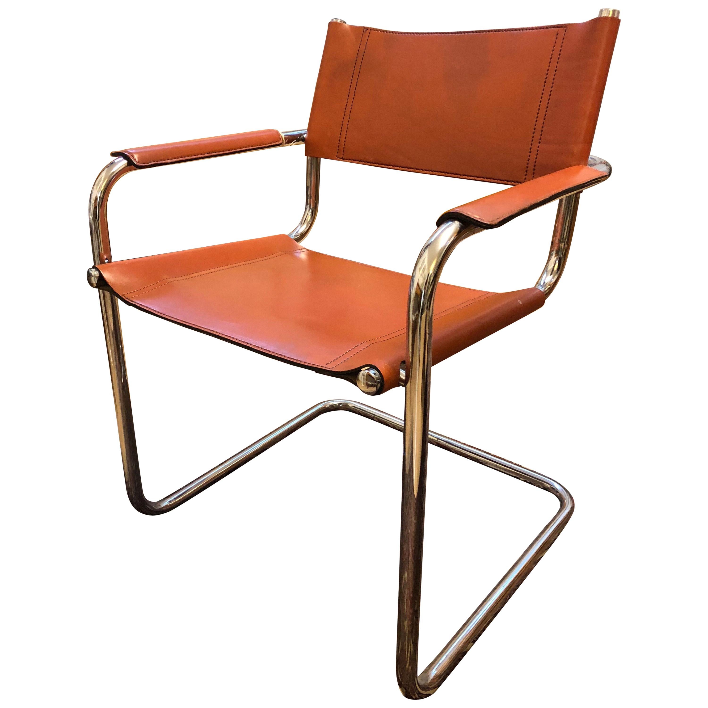Vintage Tubular Bauhaus Design Cognac Original Leather Seat Chair, circa 1940