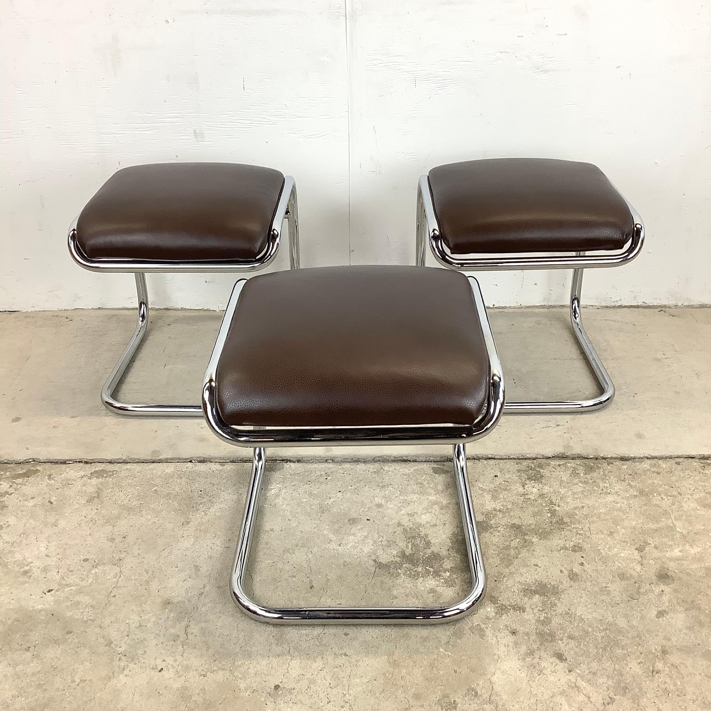 American Vintage Tubular Chrome Cantilever Stool by Anton Lorenz for Thonet, Set of Three