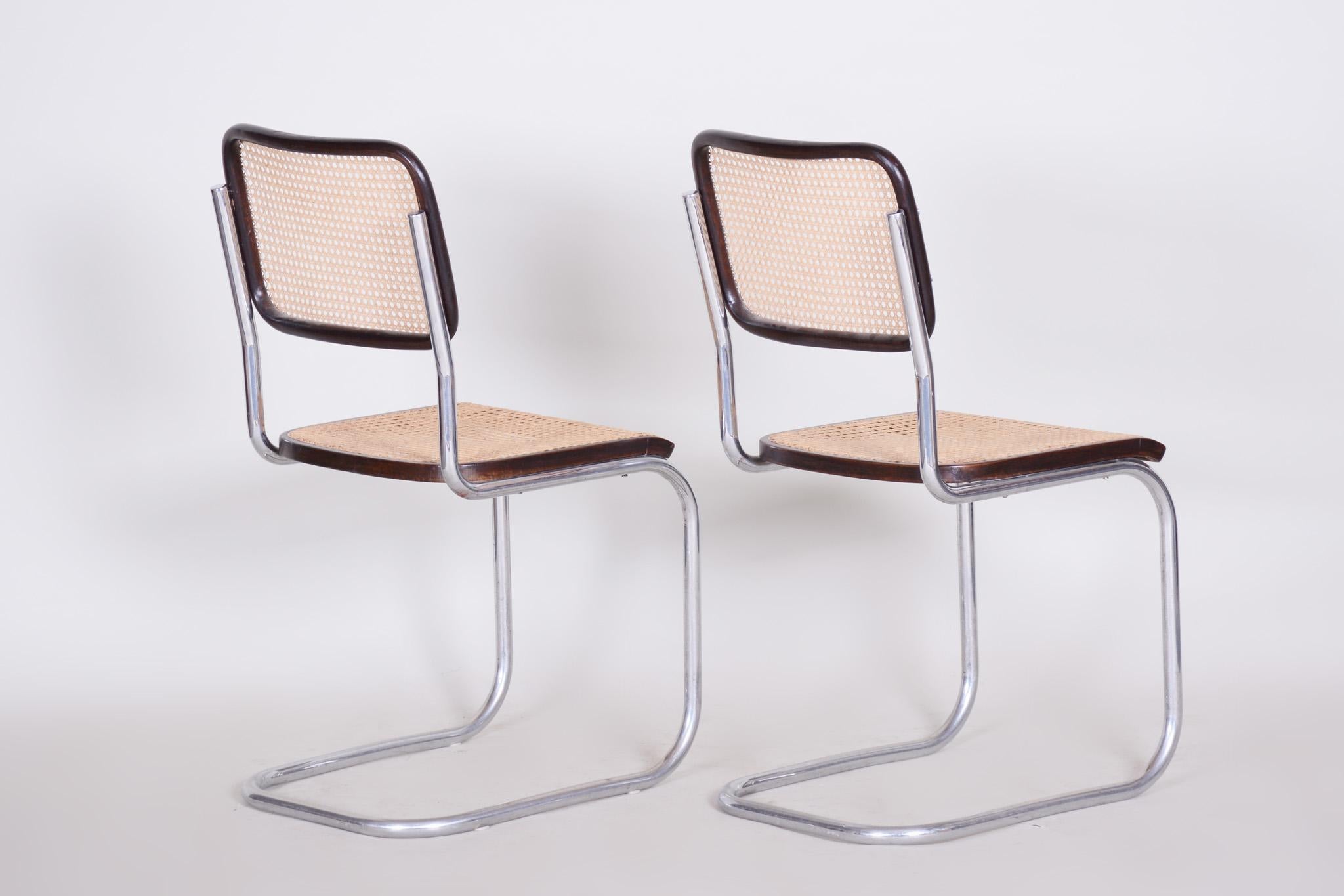 Rattan Vintage Tubular Chrome Ratan Bauhaus Pair of Chairs by Marcel Breuer, 1930s For Sale