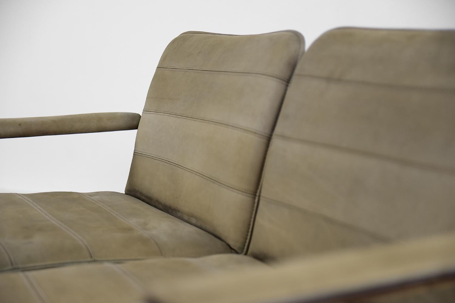 Vintage German Minimalist Tubular Steel Beige Suede Leather 2-Seater Sofa, 1960s For Sale 8