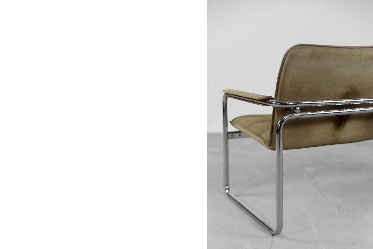 Vintage German Minimalist Tubular Steel Beige Suede Leather 2-Seater Sofa, 1960s For Sale 11