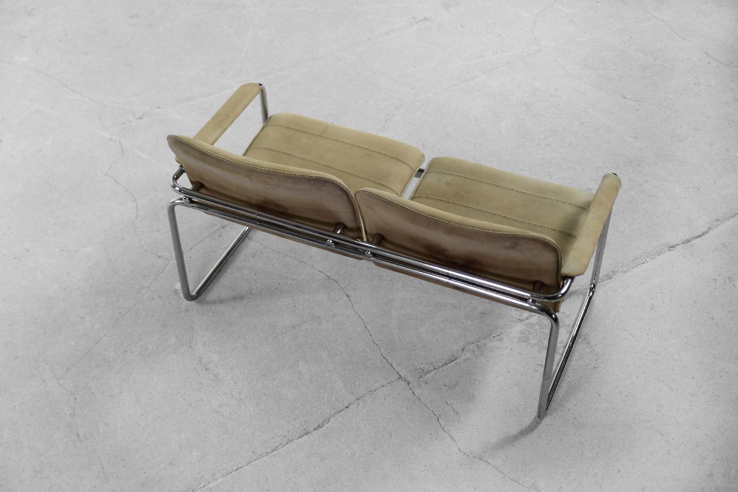 Vintage German Minimalist Tubular Steel Beige Suede Leather 2-Seater Sofa, 1960s For Sale 13