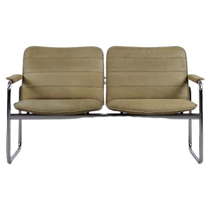 Vintage German Minimalist Tubular Steel Beige Suede Leather 2-Seater Sofa, 1960s