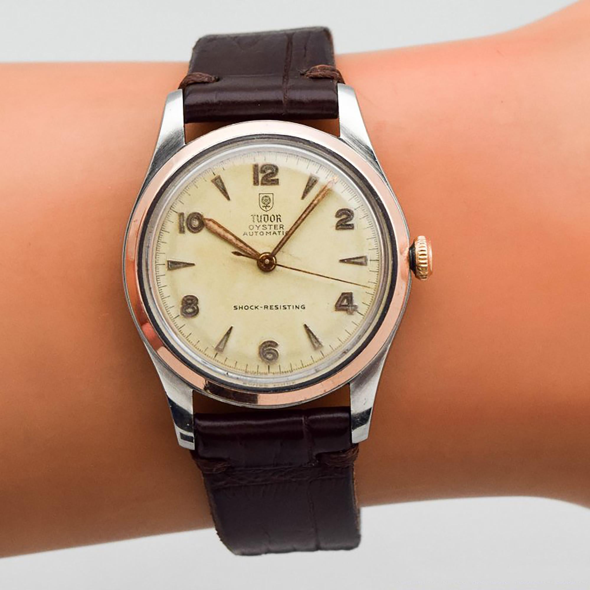 Vintage Tudor Oyster 14 Karat Rose Gold and Stainless Steel Watch, 1964 For Sale 1
