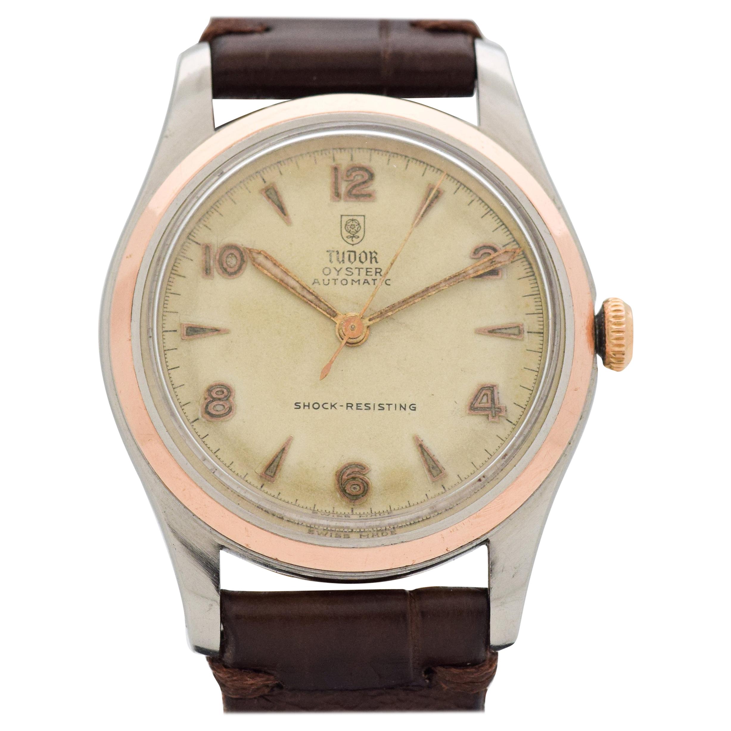 Vintage Tudor Oyster 14 Karat Rose Gold and Stainless Steel Watch, 1964 For Sale