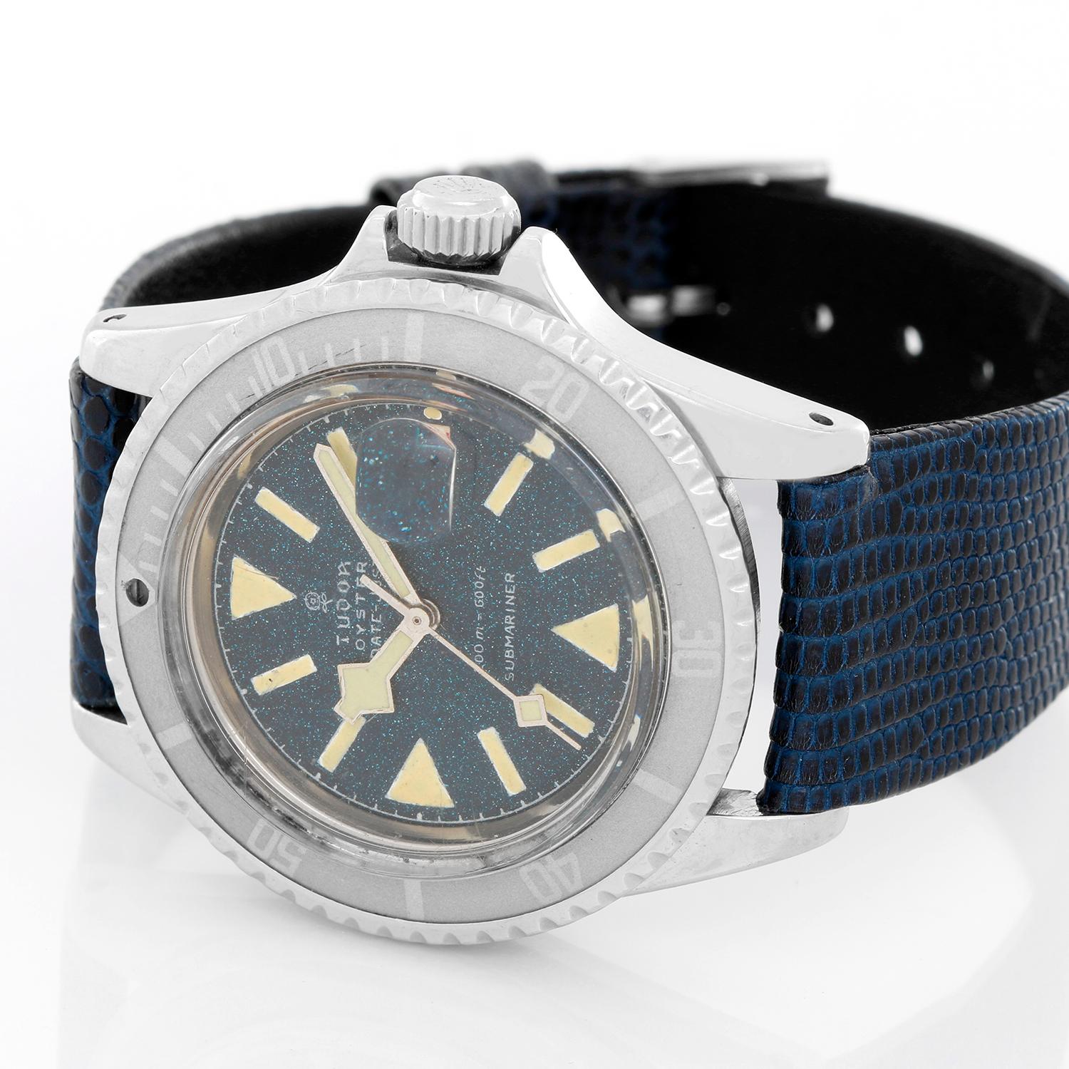 Vintage Tudor Submariner Snowflake Mens Watch - Automatic winding. Stainless steel ( 40 mm ) Ghost inlay bezel; caseback engraved with date, previous owners name and phone number. Blue snowflake dial with luminous hour markers. Blue alligator strap
