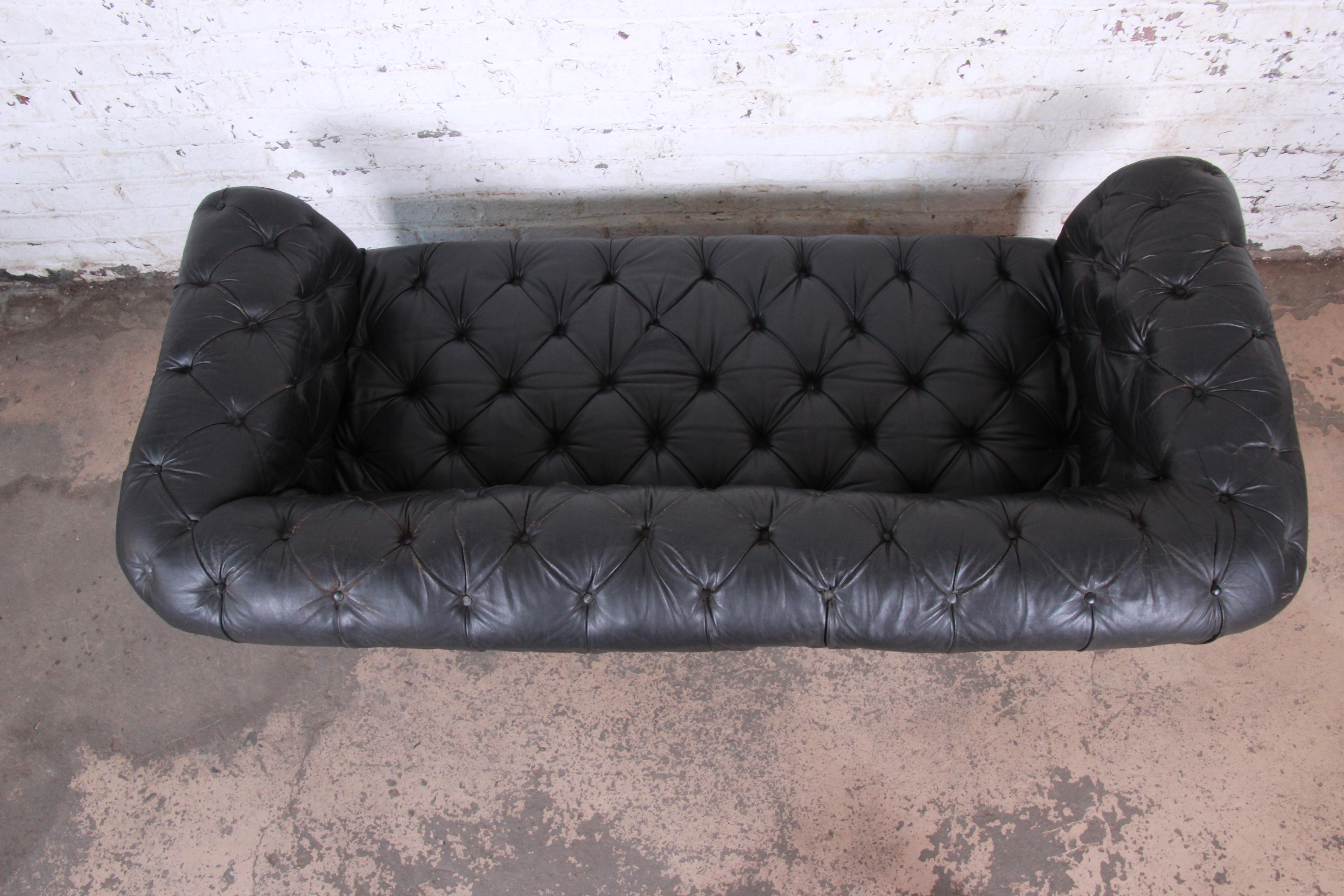 Vintage Tufted Black Leather Chesterfield Sofa, circa 1960s 5