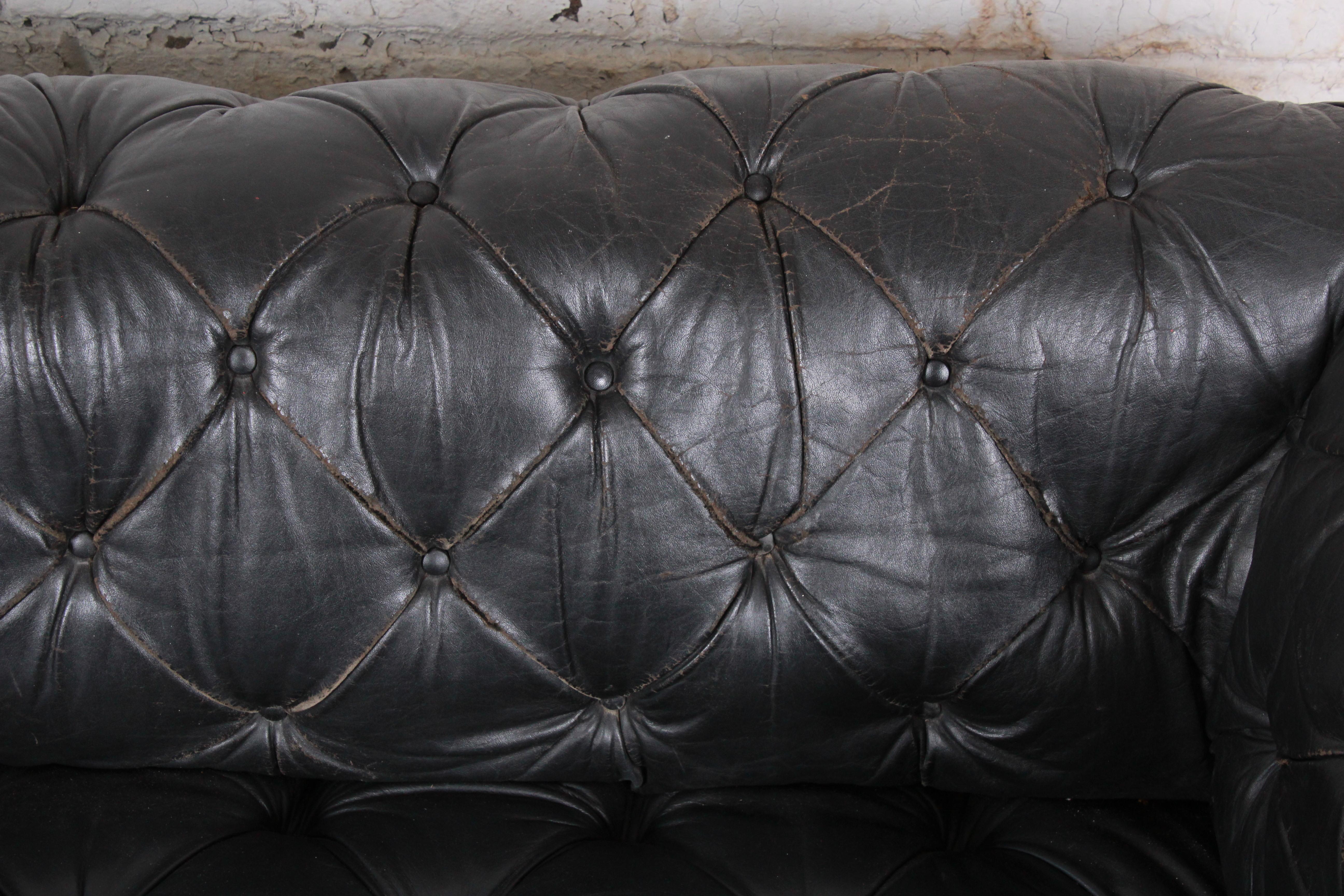 Vintage Tufted Black Leather Chesterfield Sofa, circa 1960s 7