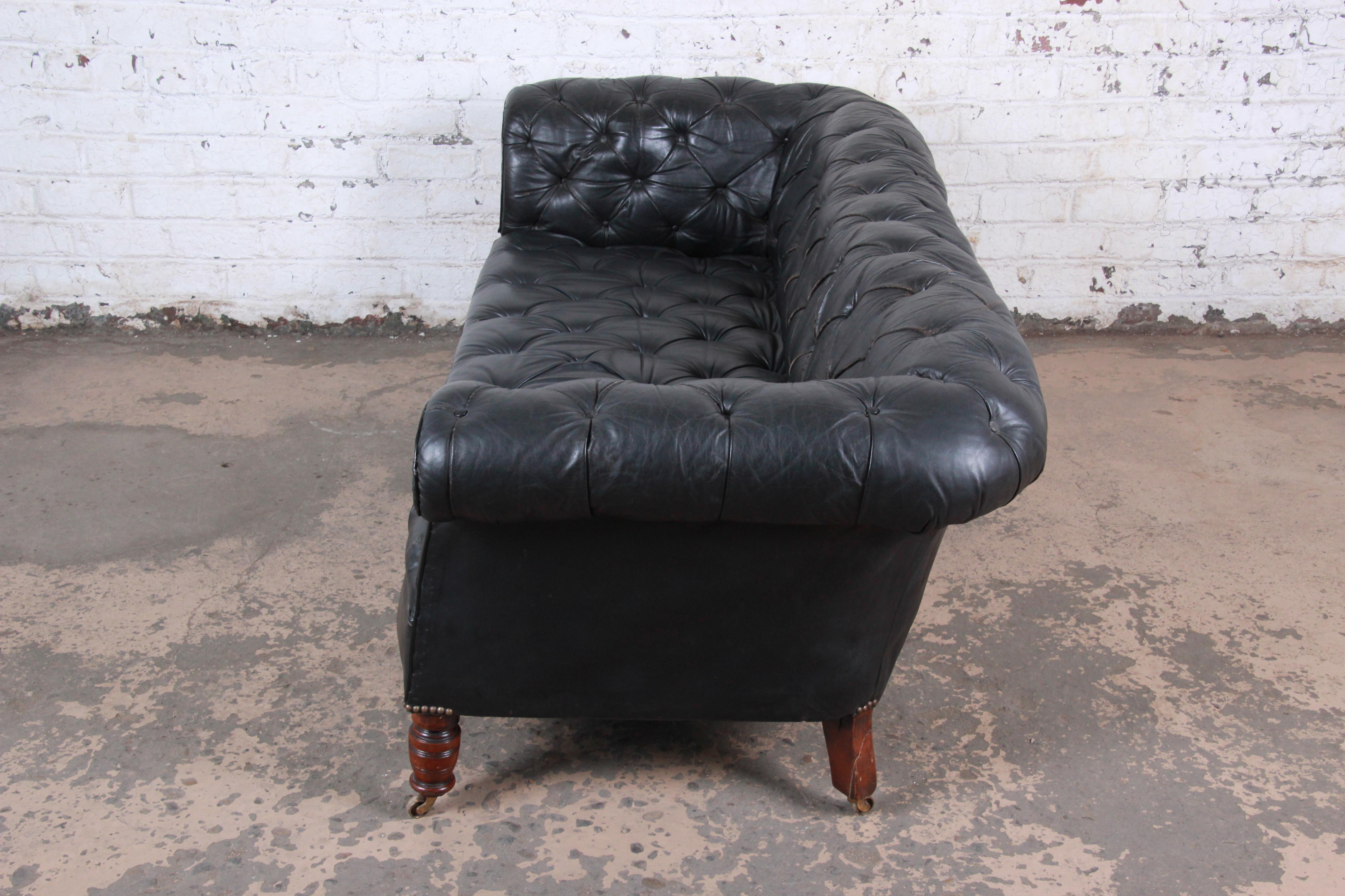 Vintage Tufted Black Leather Chesterfield Sofa, circa 1960s 3