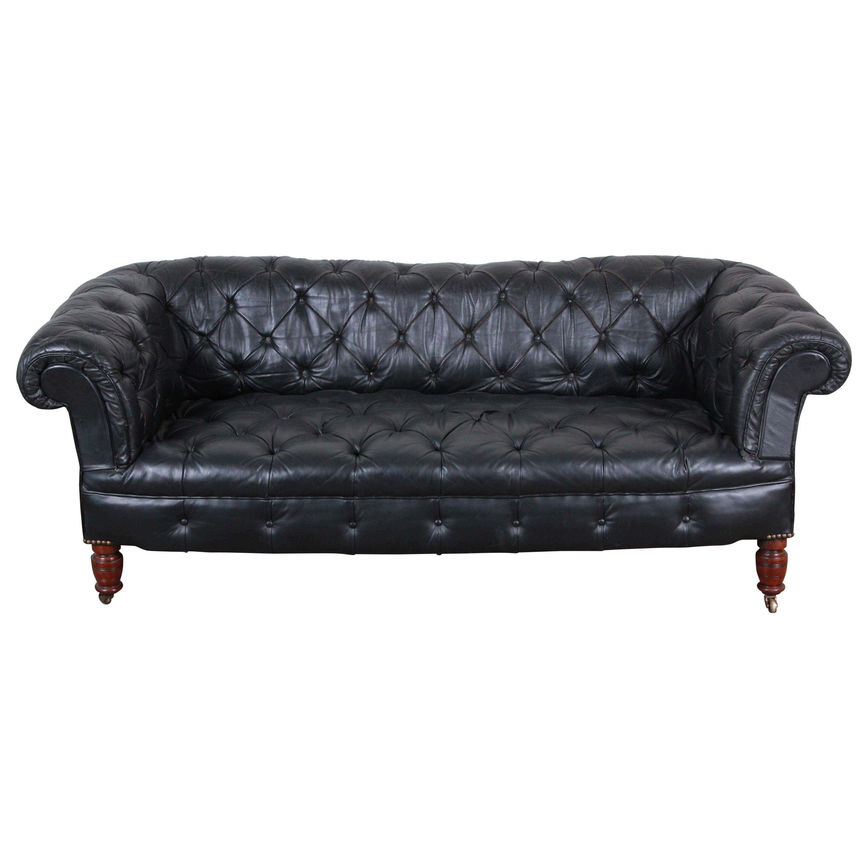 Vintage Tufted Black Leather Chesterfield Sofa, circa 1960s