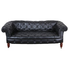 Retro Tufted Black Leather Chesterfield Sofa, circa 1960s