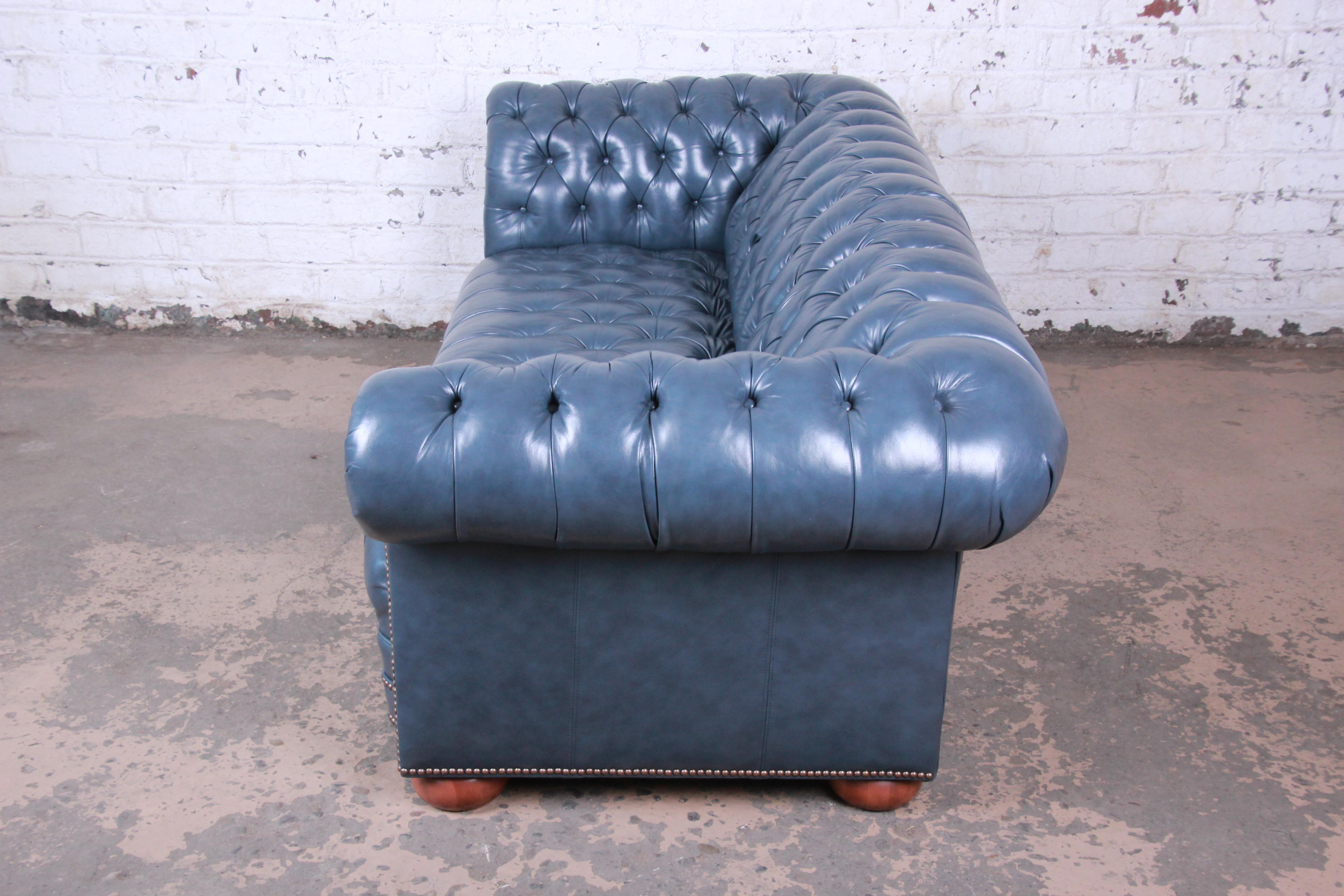 Vintage Tufted Blue Leather Chesterfield Sofa 1