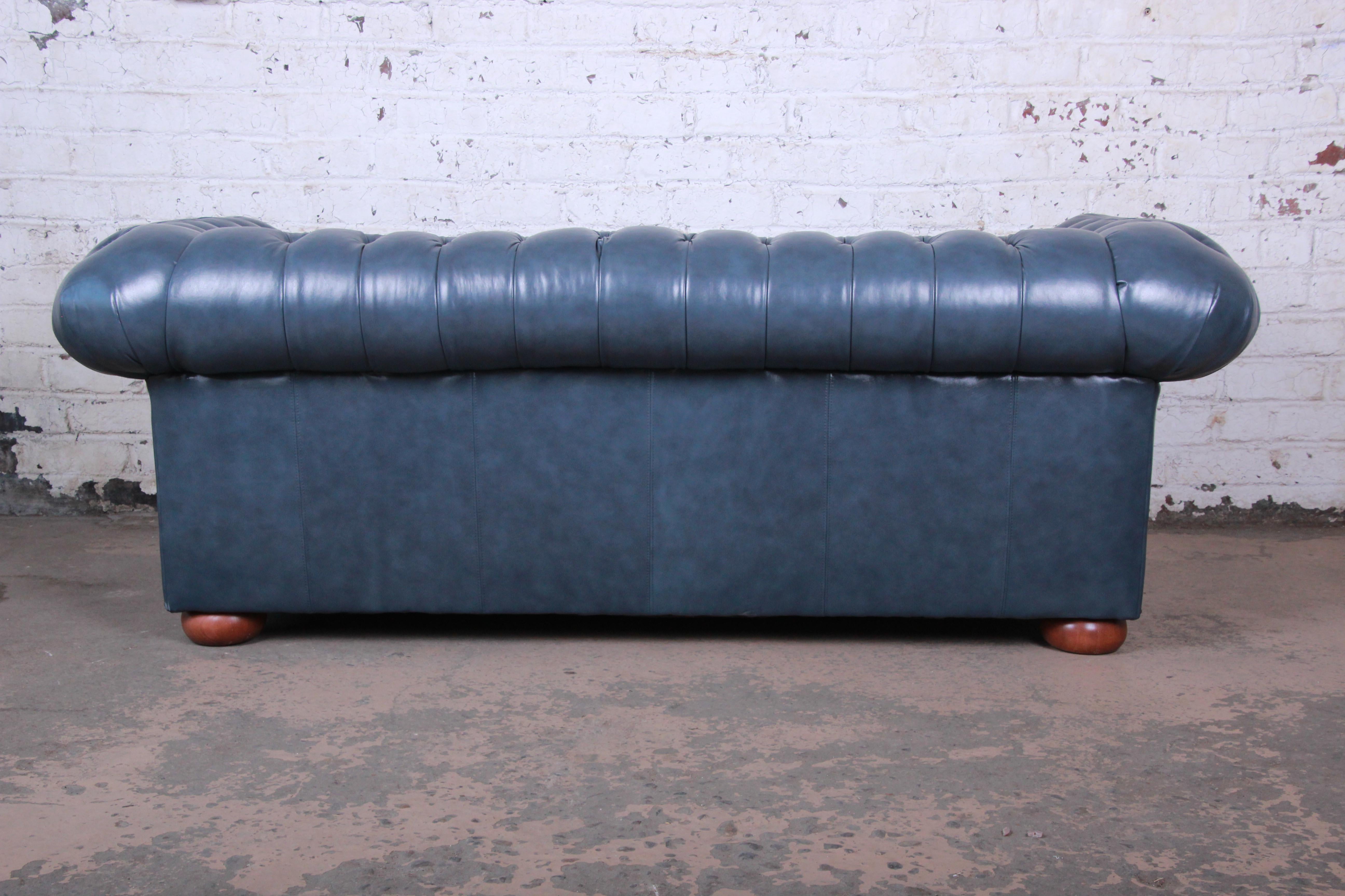 Vintage Tufted Blue Leather Chesterfield Sofa 2