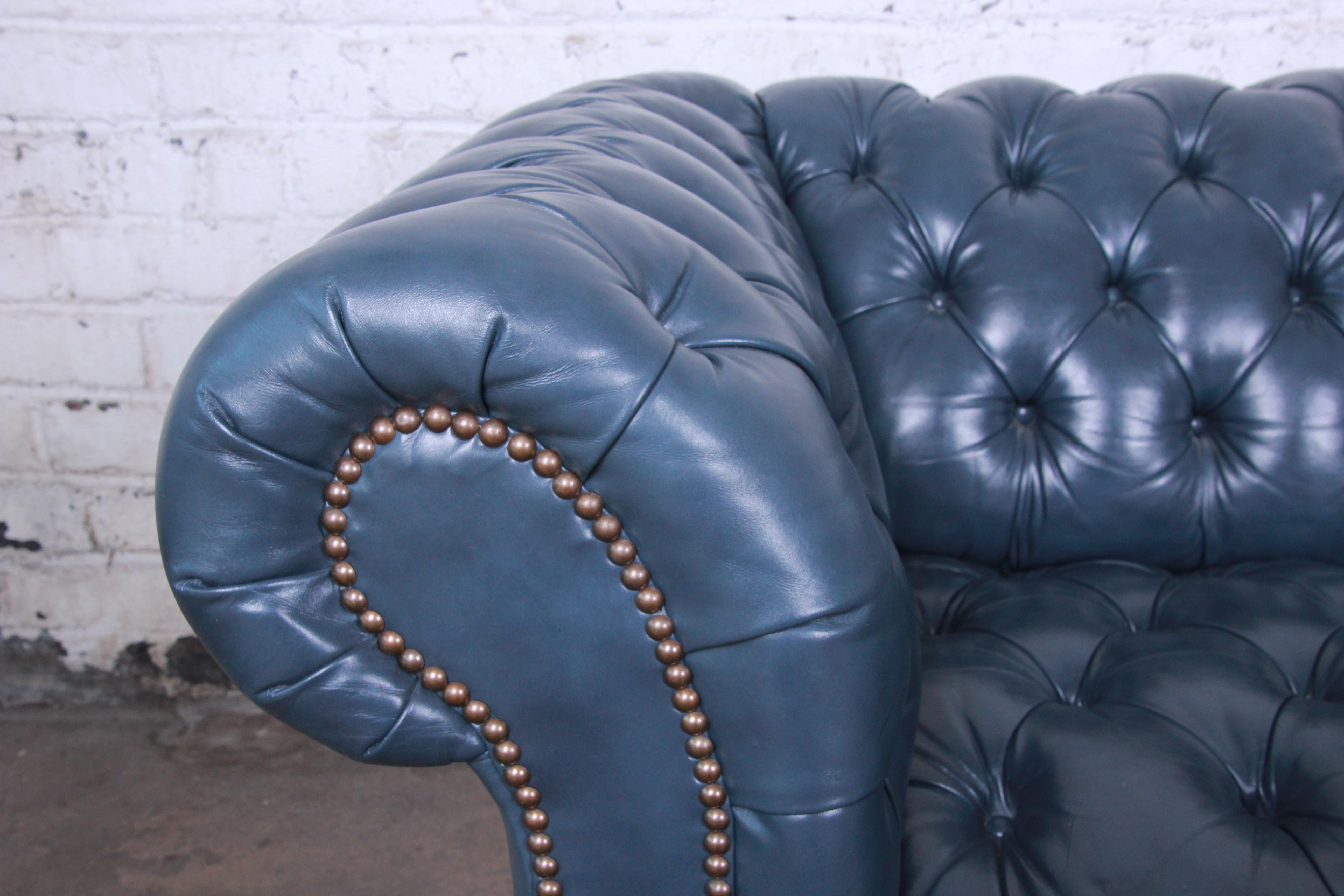 American Vintage Tufted Blue Leather Chesterfield Sofa