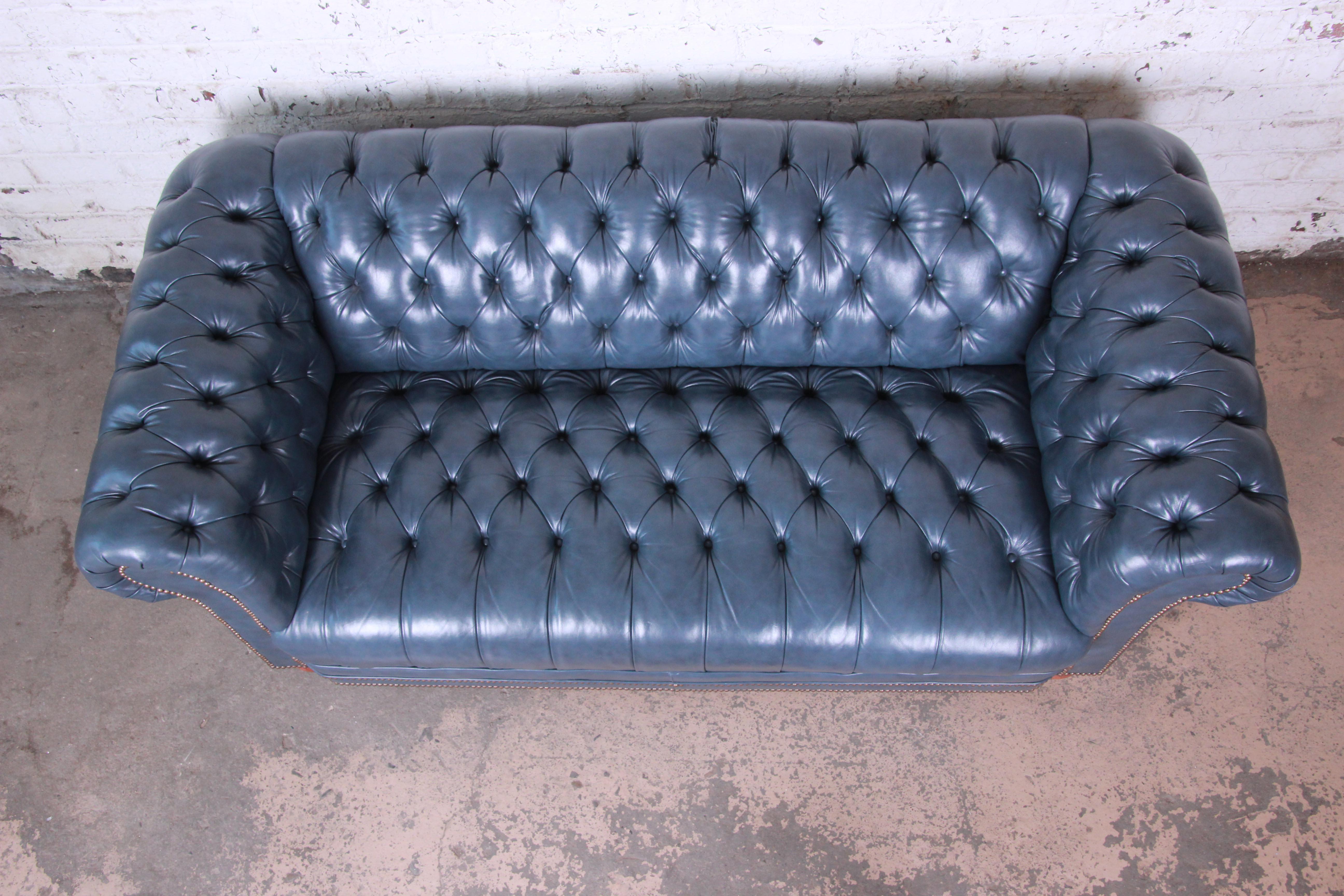 20th Century Vintage Tufted Blue Leather Chesterfield Sofa