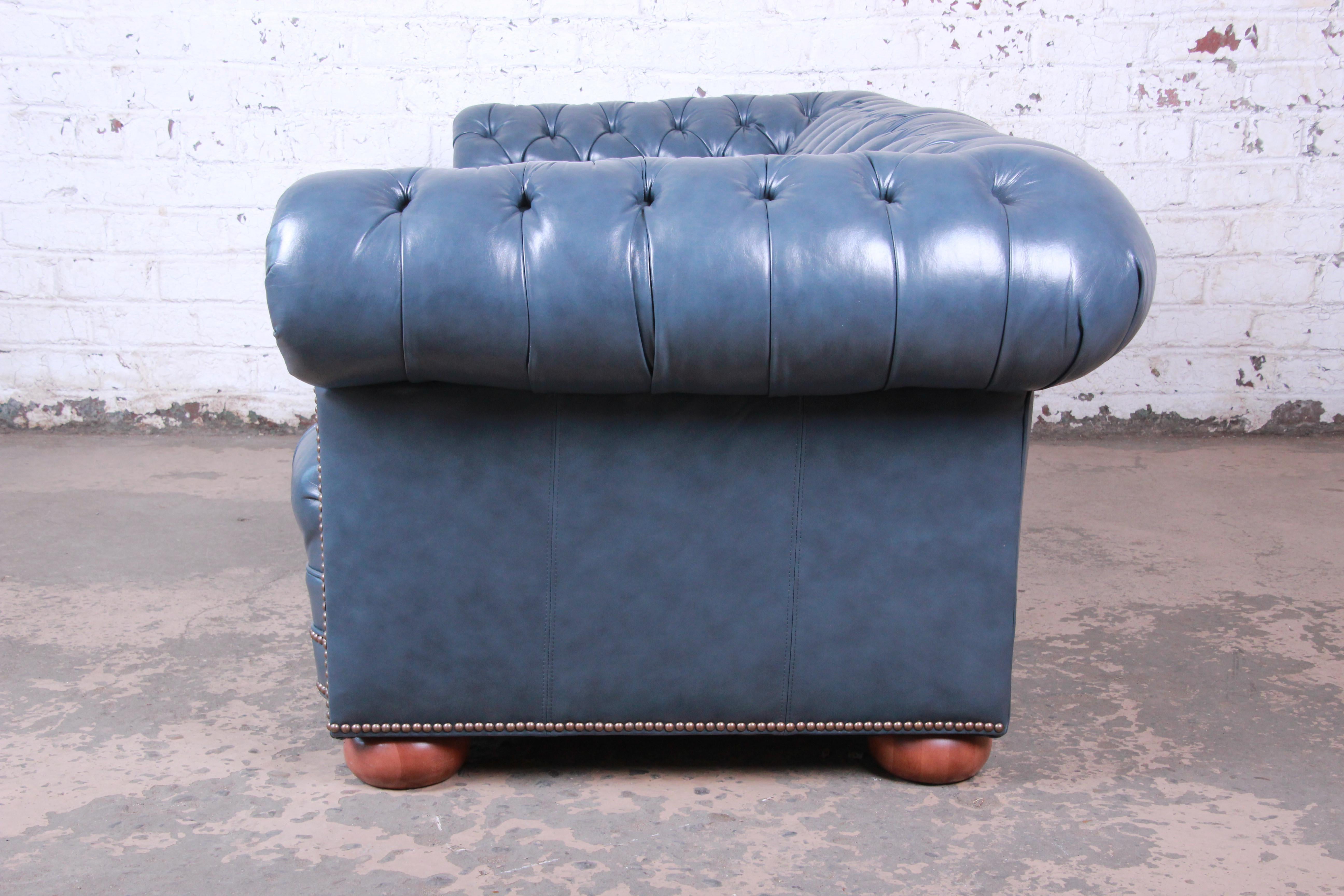 Brass Vintage Tufted Blue Leather Chesterfield Sofa