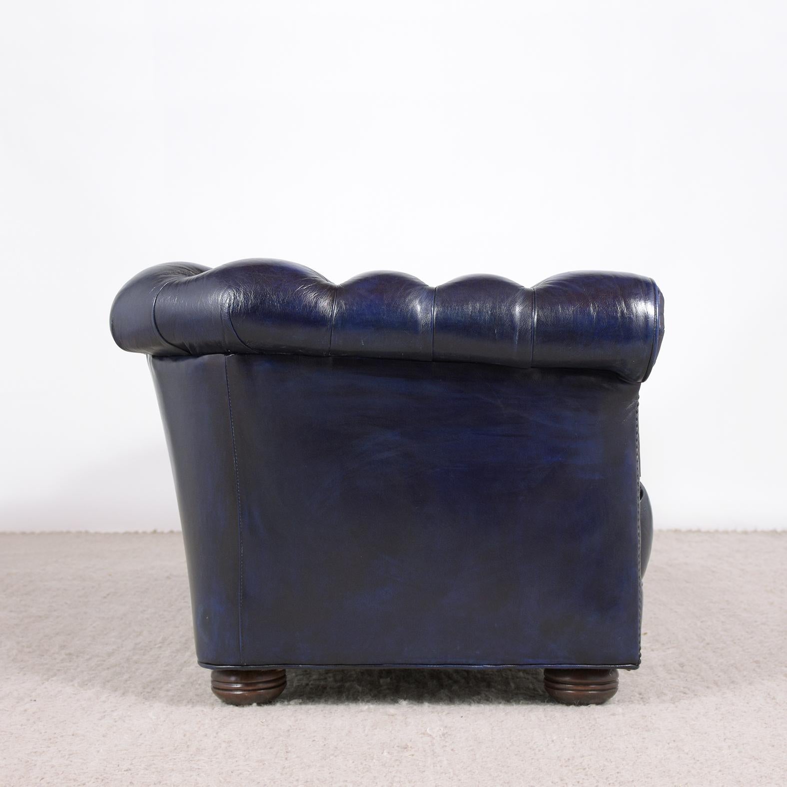 Brass Vintage Blue Leather Tufted Chesterfield Sofa