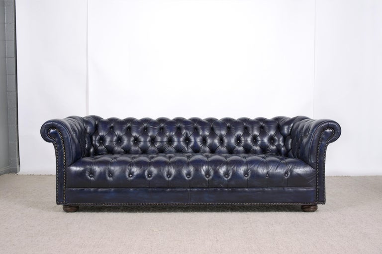 Italian Vintage Blue Leather Tufted Chesterfield Sofa