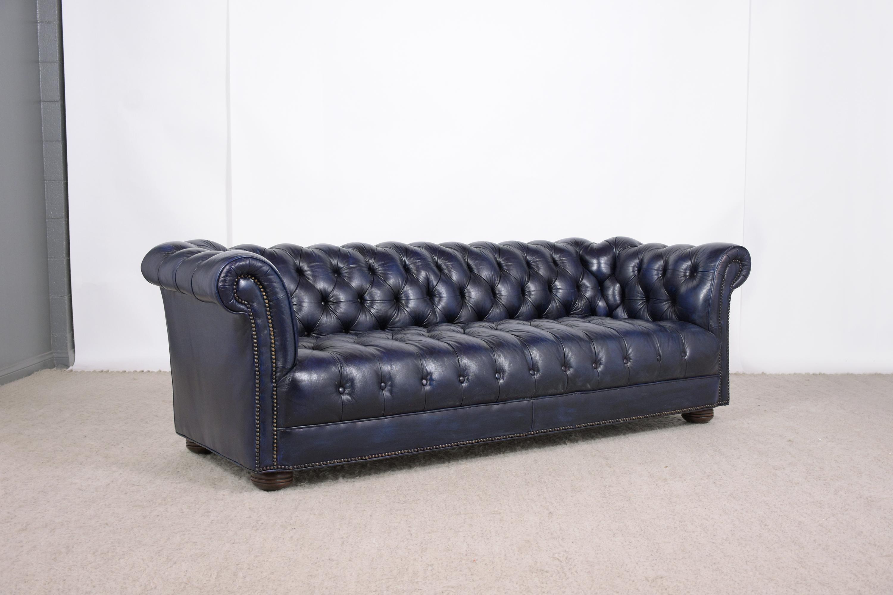 Italian Vintage Blue Leather Tufted Chesterfield Sofa