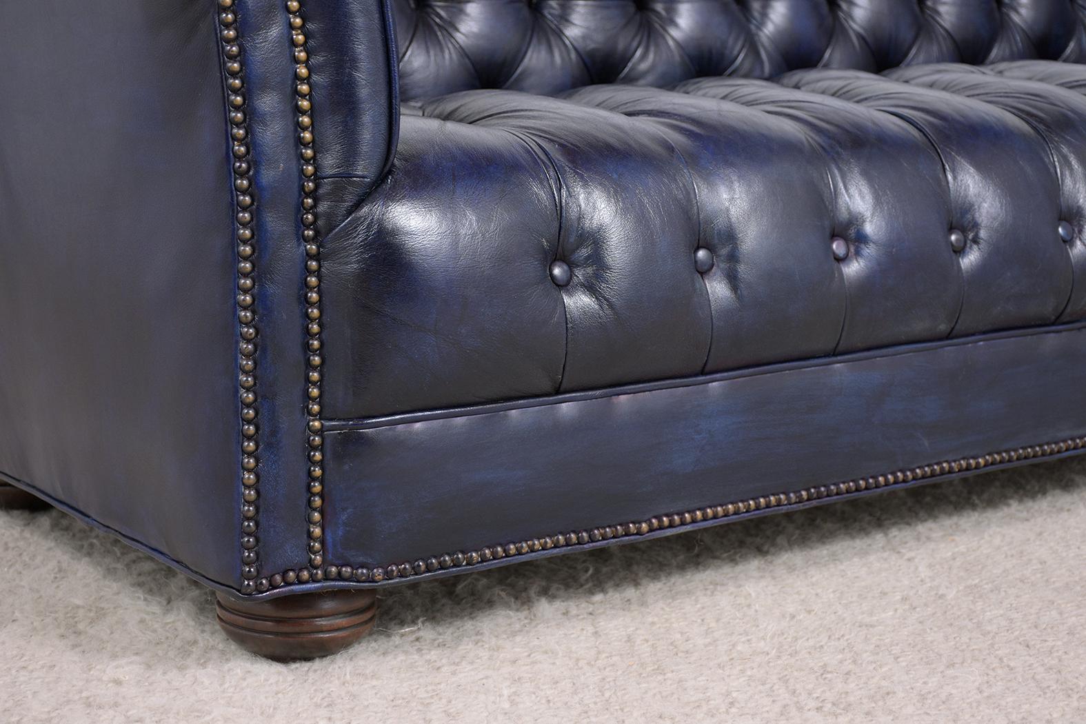 Stained Vintage Blue Leather Tufted Chesterfield Sofa
