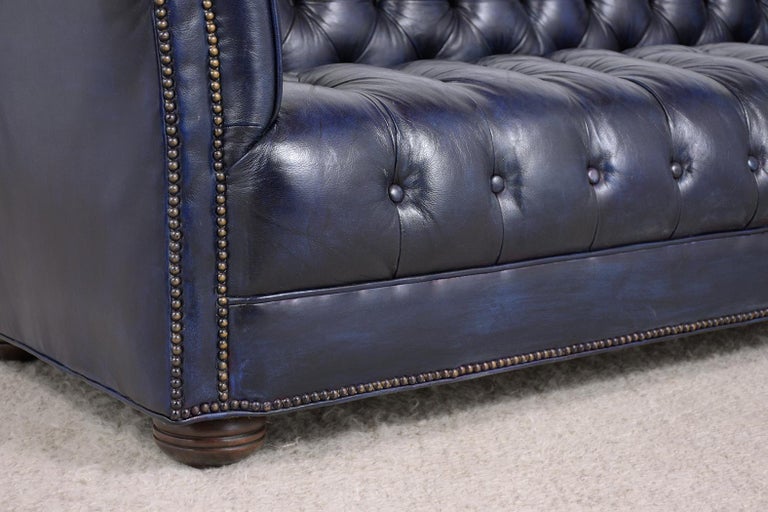 Brass Vintage Blue Leather Tufted Chesterfield Sofa